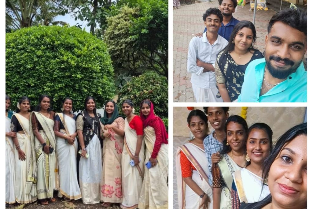 Onam celebration at SR Institute featuring students in traditional dress, vibrant pookalam designs, and cultural activitie